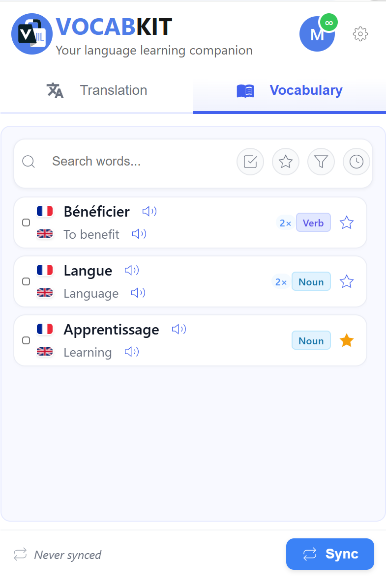 Screenshot of the VocabKit extension popup showing the saved vocabulary list with search and sort options.