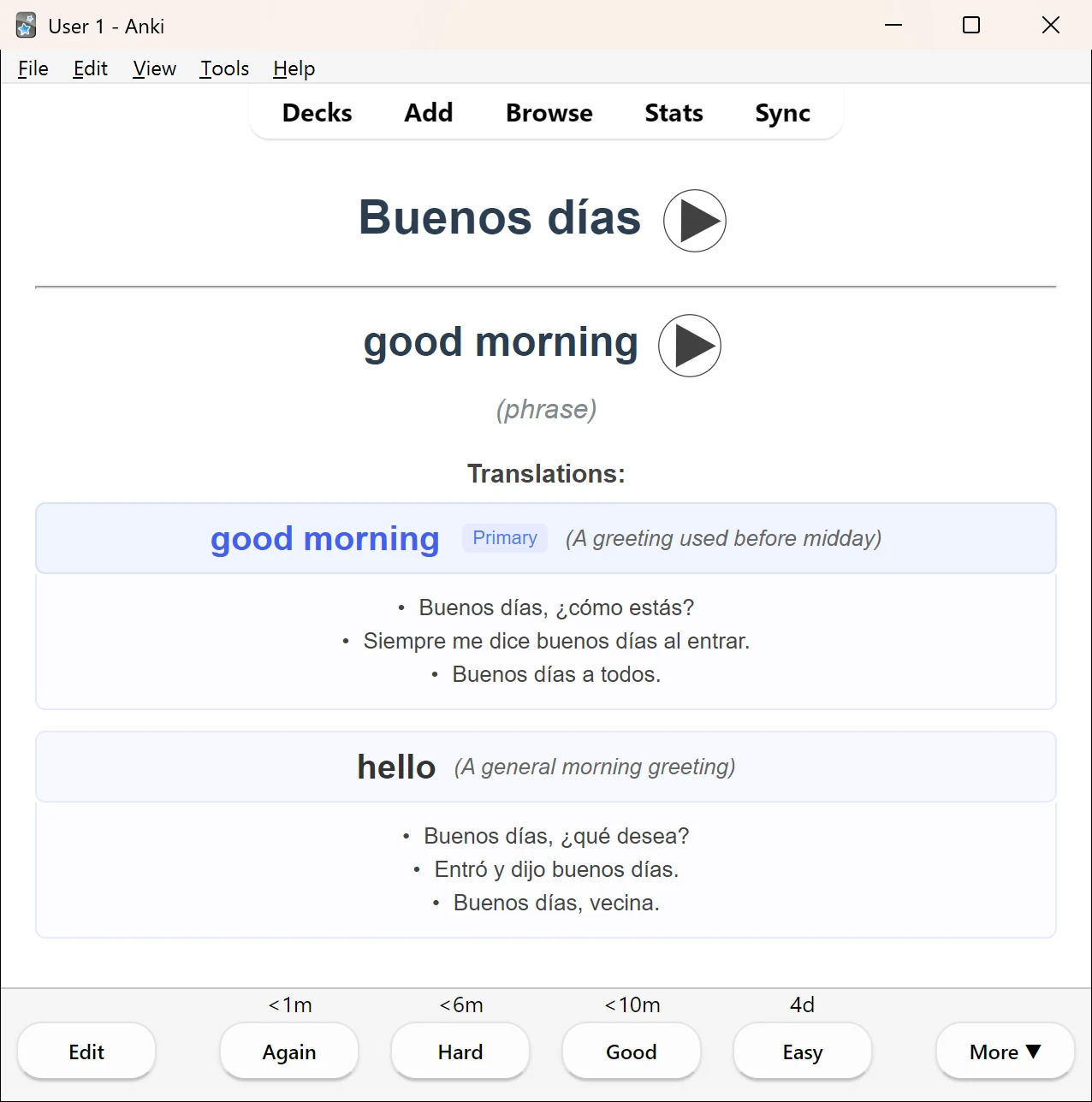 A VocabKit card in Anki. The front reads Buenos días with a play button for its audio. The back shows good morning, a phrase, three Spanish example sentences, and the other meaning hello with its own examples, above the Again, Hard, Good and Easy buttons.