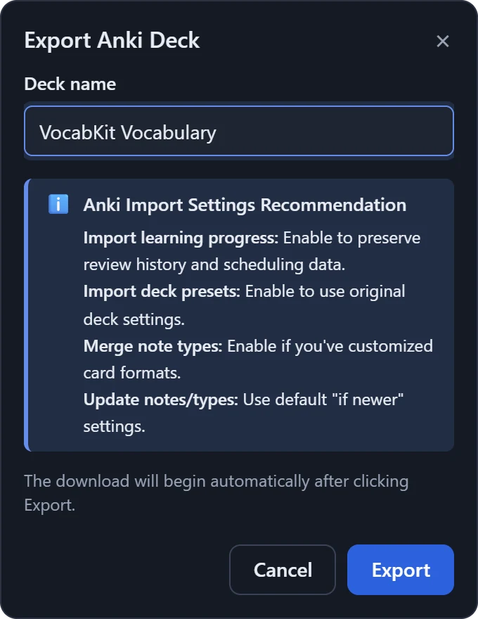 The Export Anki Deck dialog in VocabKit, with the deck name VocabKit Vocabulary, recommended Anki import settings, and Cancel and Export buttons.