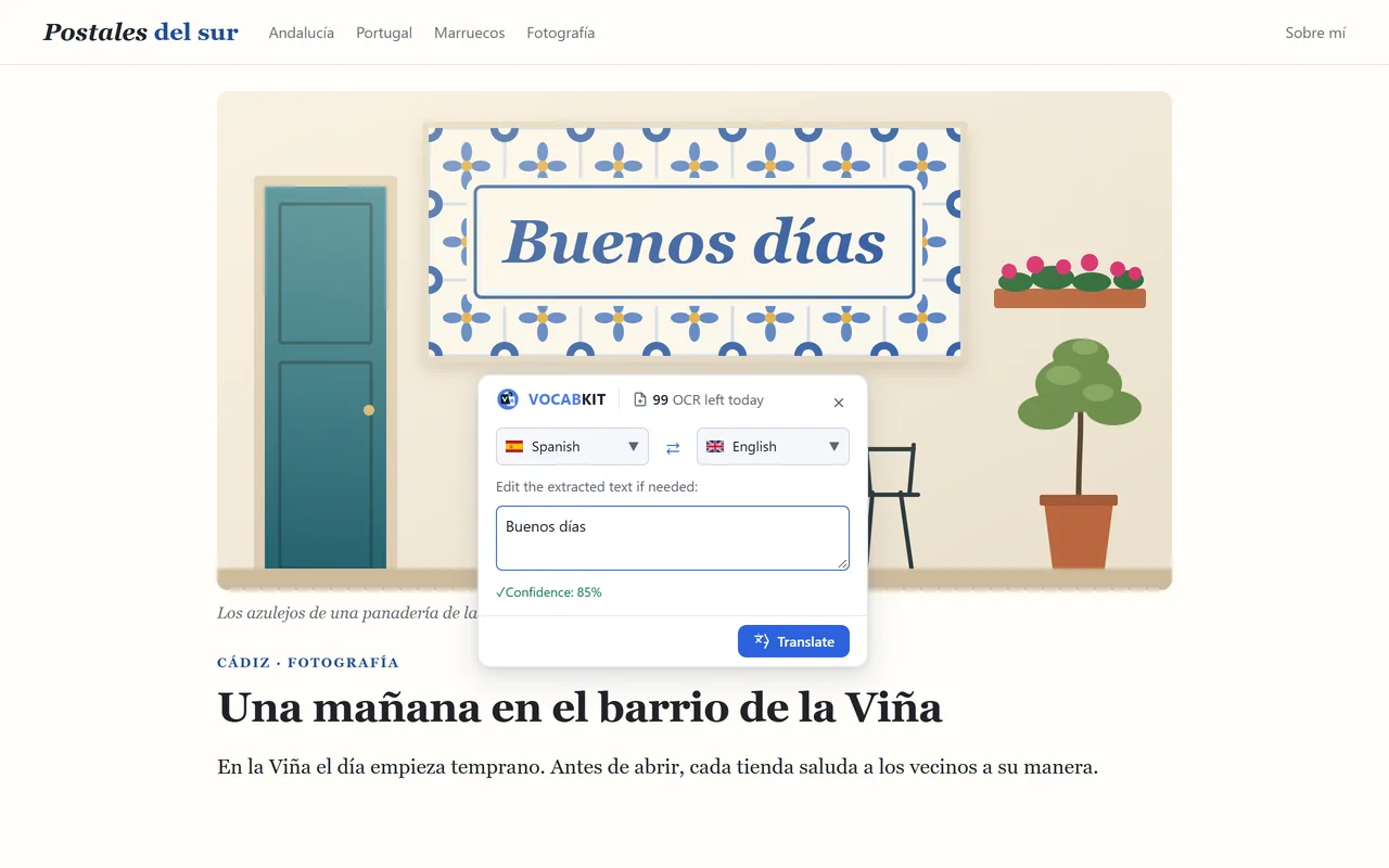A photo of tiles reading Buenos días on a Spanish travel blog. VocabKit has read the text from the image and shows it in an editable box with a Translate button.