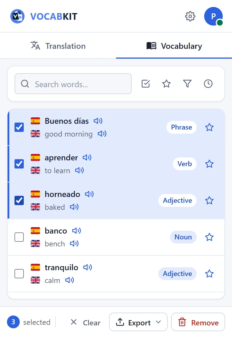 The VocabKit vocabulary list with five saved Spanish words, including Buenos días, aprender and horneado, each with its English translation and part of speech.