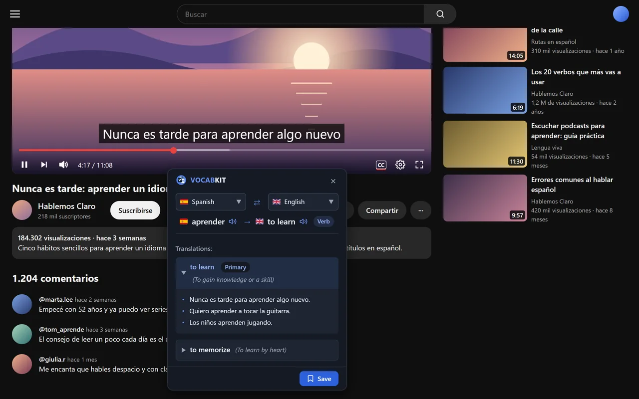 A Spanish YouTube video with captions on. The word aprender is translated as to learn, a verb, with example sentences.